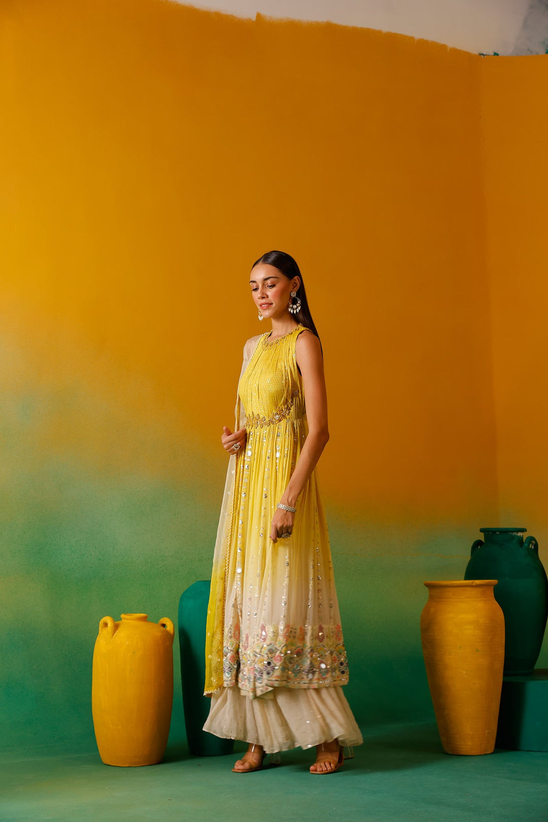 Neerus Yellow Chinon Embellished Anarkali Suit Set - side view