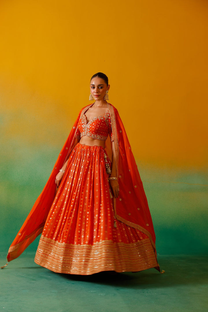 Neerus Orange Georgette Embroidered Lehenga Set - detail view 4
