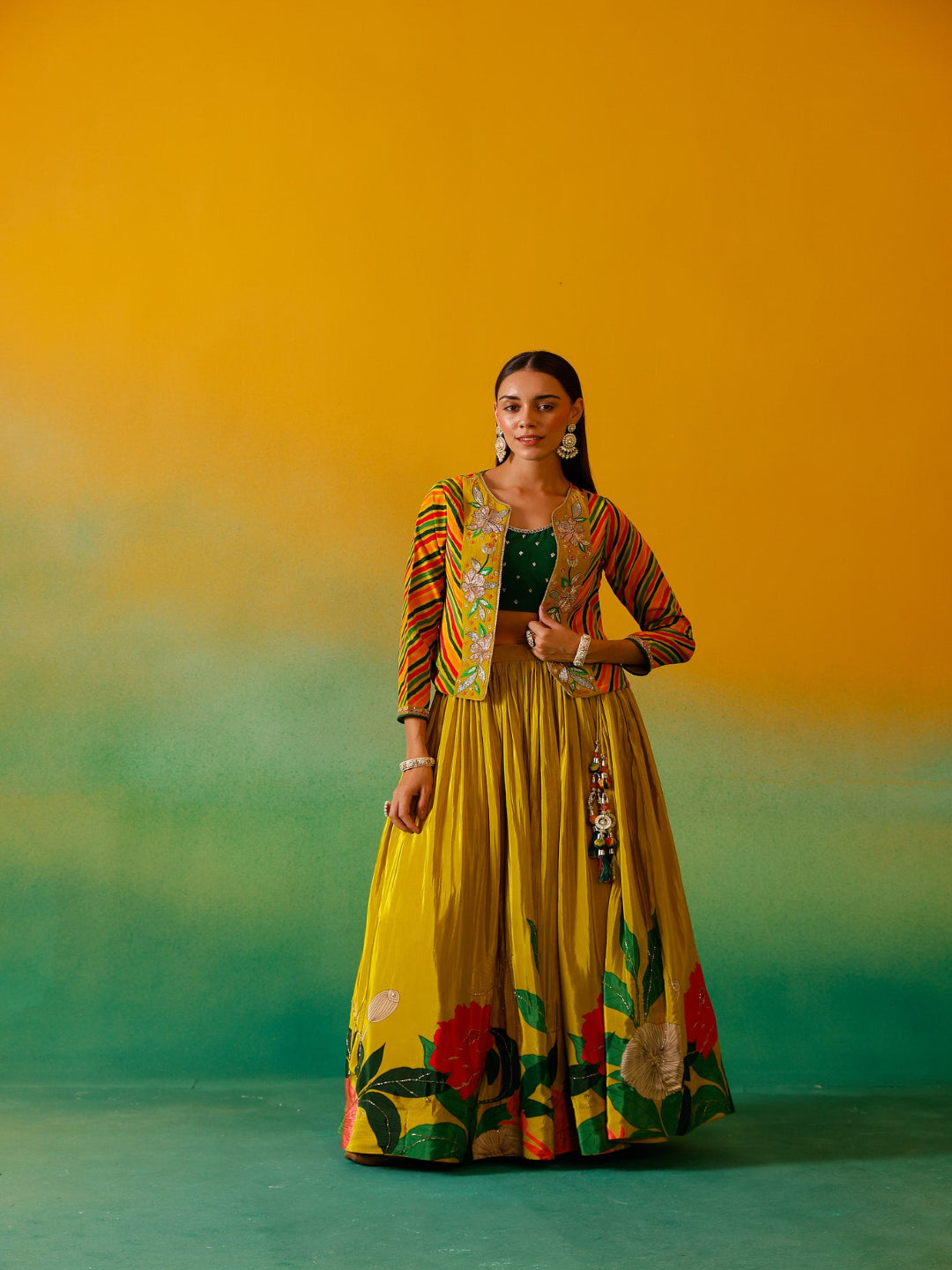 Neerus Green crepe embroidered lehenga set - front view