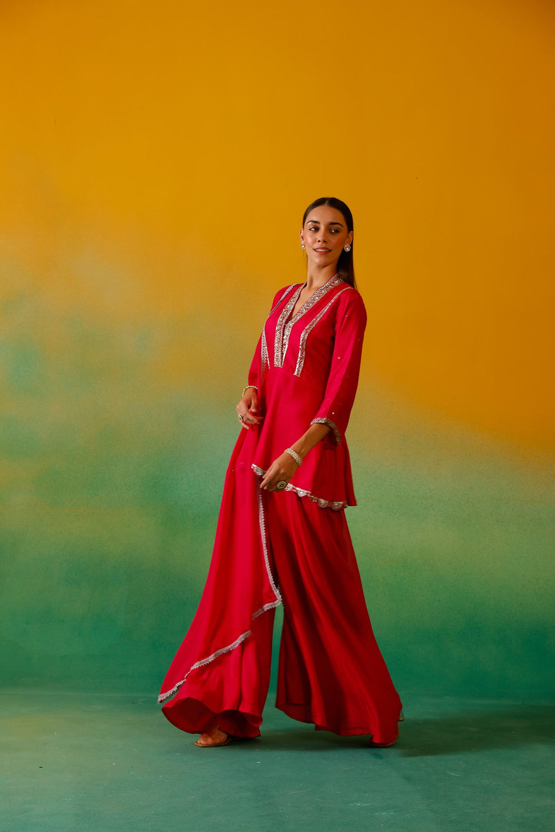 Neerus Pink Silk Embroidered Suit Set - side view