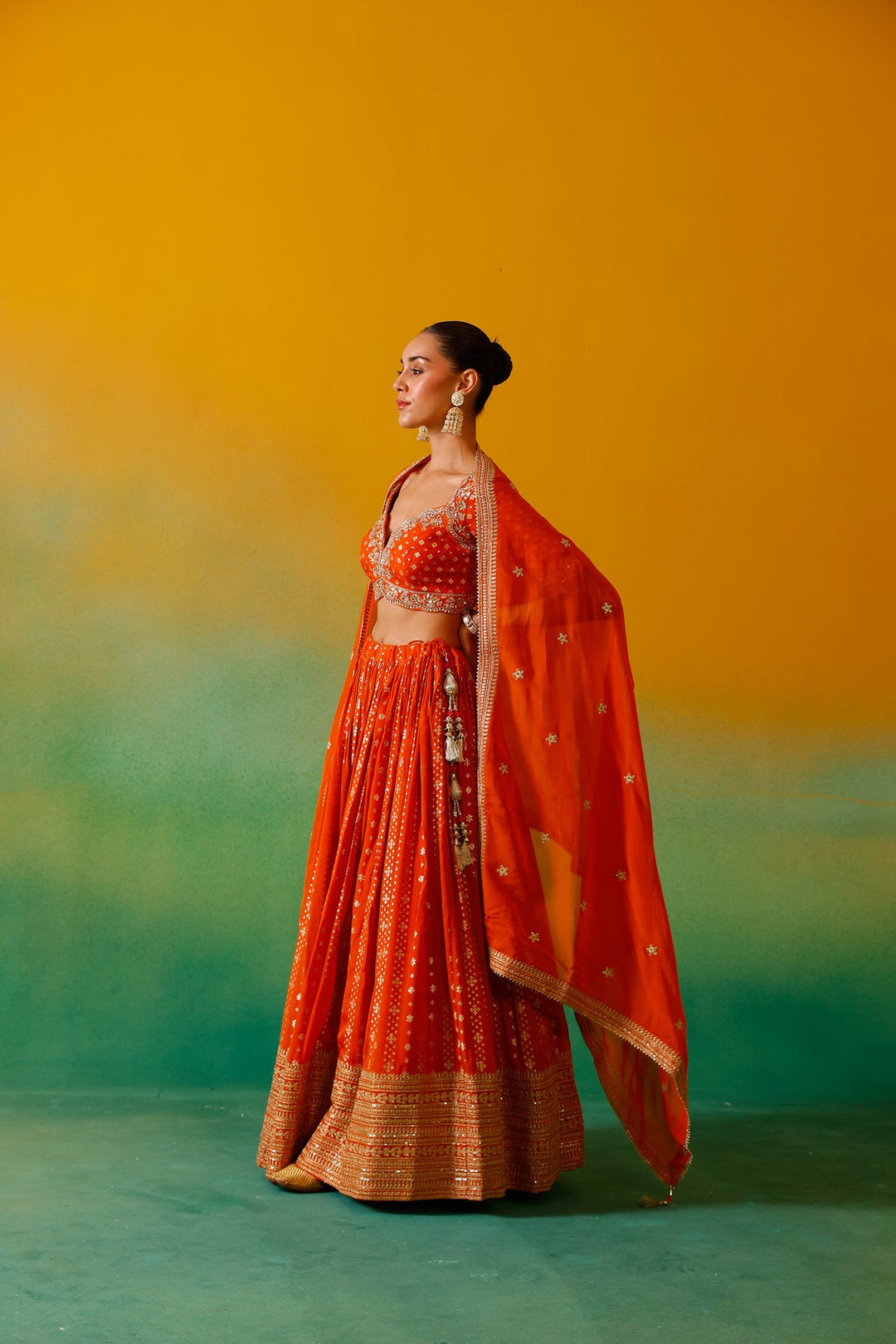 Neerus Orange Georgette Embroidered Lehenga Set - detail view 5