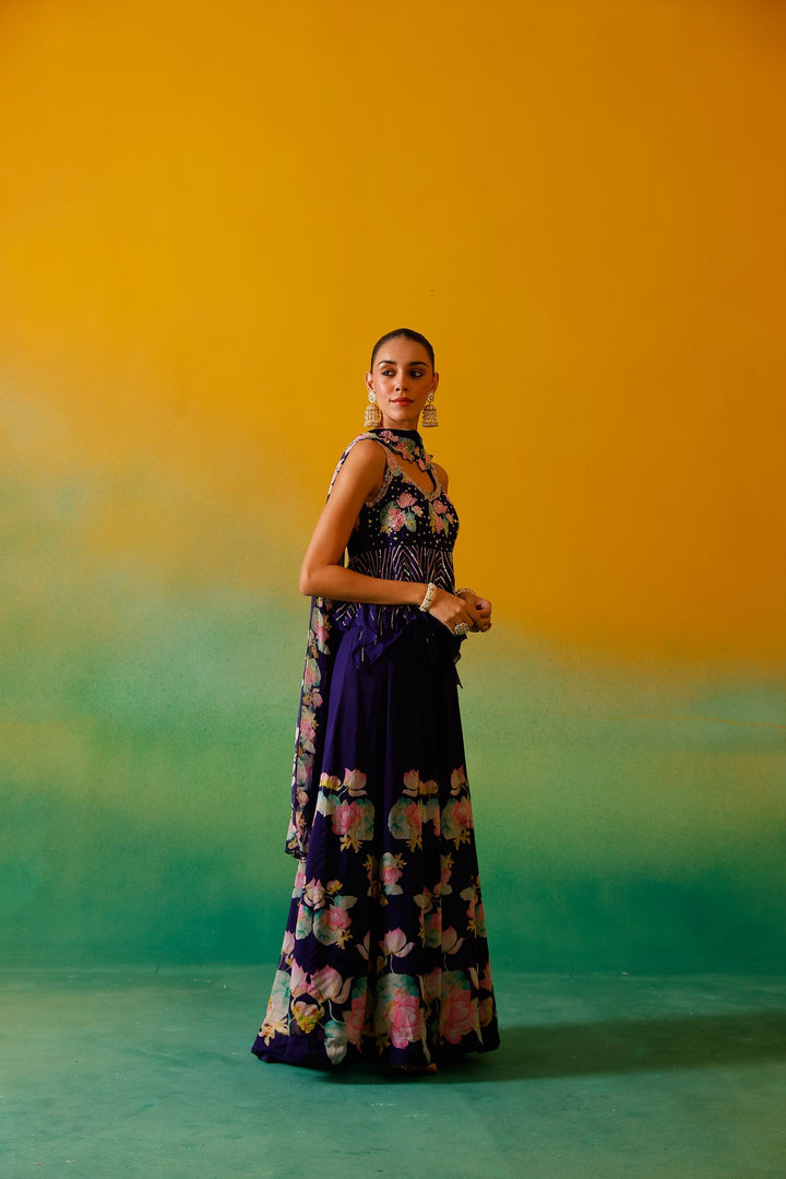 Neerus Purple organza embellished lehenga set - detail view 1