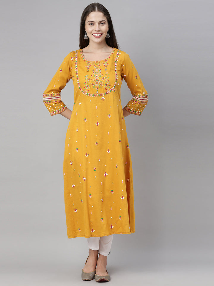 Neerus Yellow cotton embroidered kurta - front view