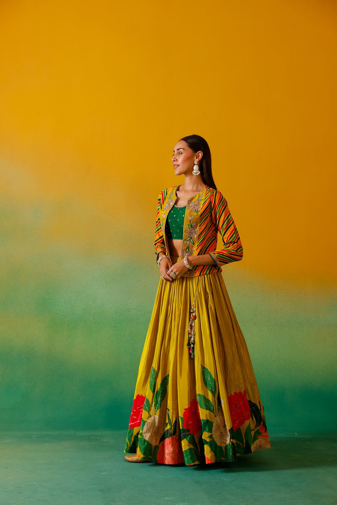 Neerus Green crepe embroidered lehenga set - side view