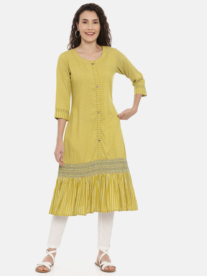 Neerus Green cotton checked A-line kurta - front view