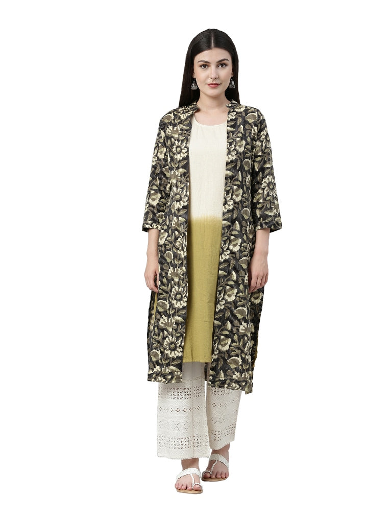 Neerus Multi cotton floral printed kurta with coat - front view