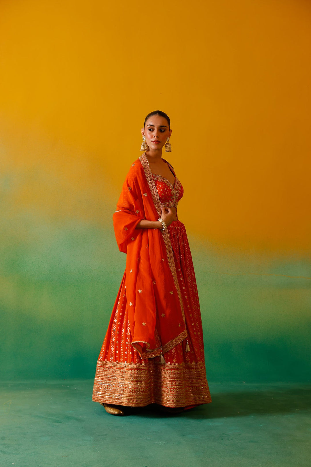 Neerus Orange Georgette Embroidered Lehenga Set - detail view 6