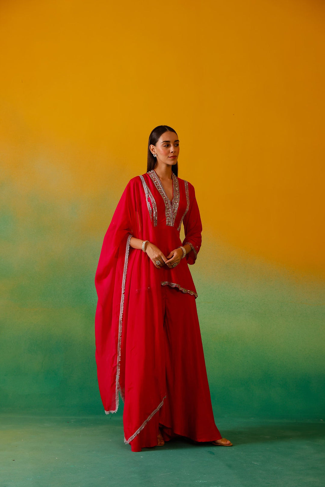 Neerus Pink Silk Embroidered Suit Set - detail view 3