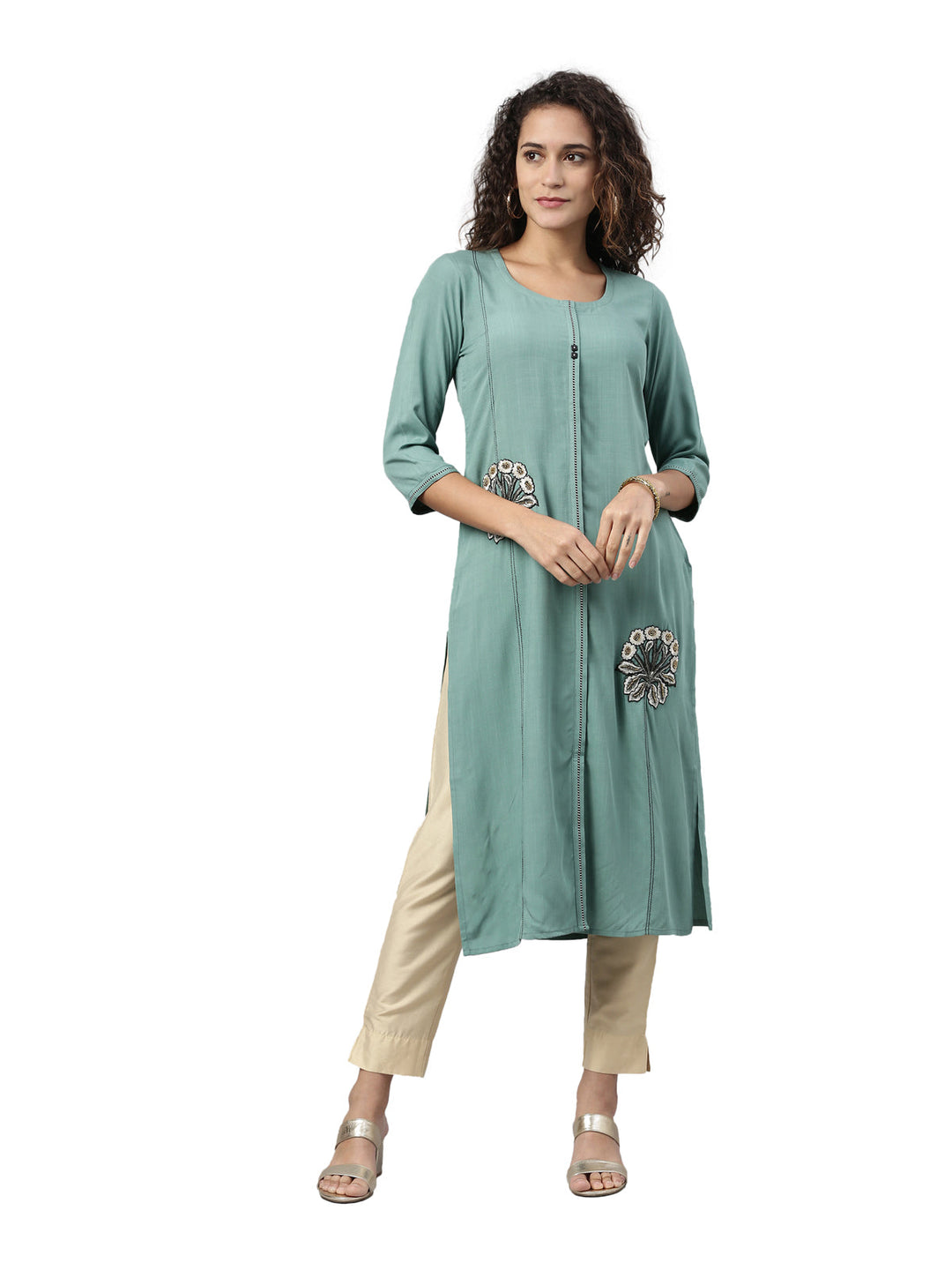 Neerus Blue cotton solid kurti - front view