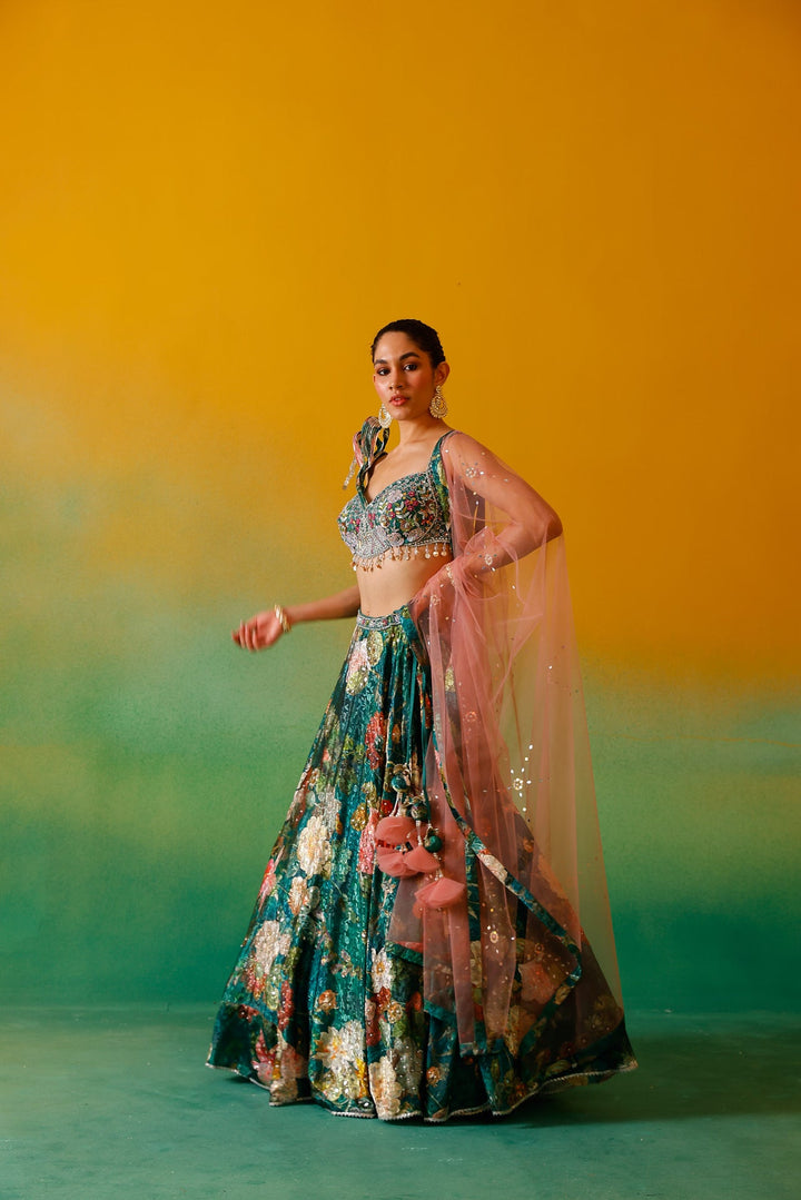 Neerus Green satin embroidered lehenga set - side view