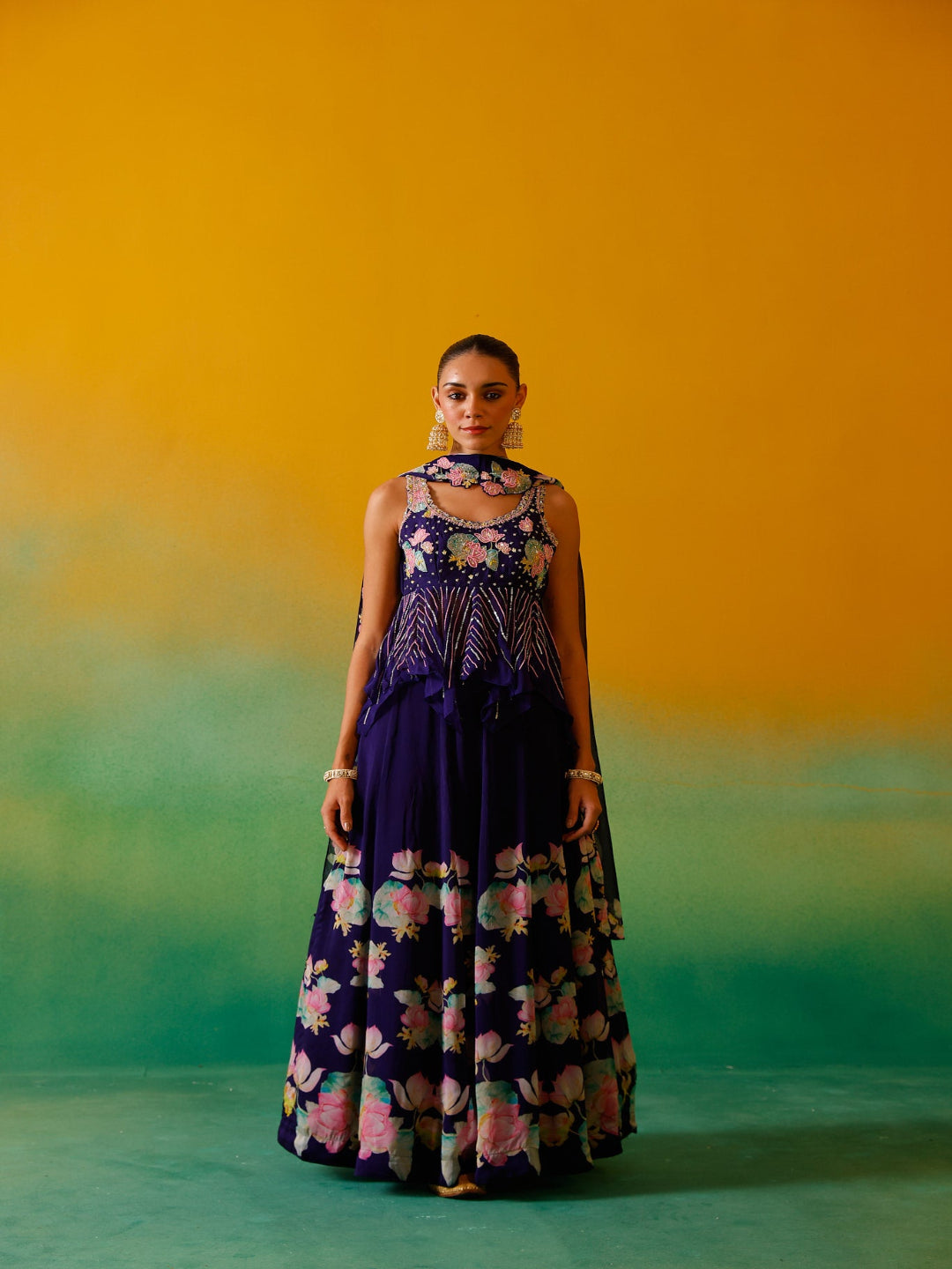 Neerus Purple organza embellished lehenga set - front view