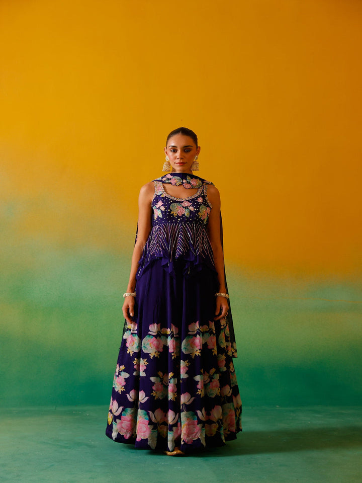 Neerus Purple organza embellished lehenga set - front view