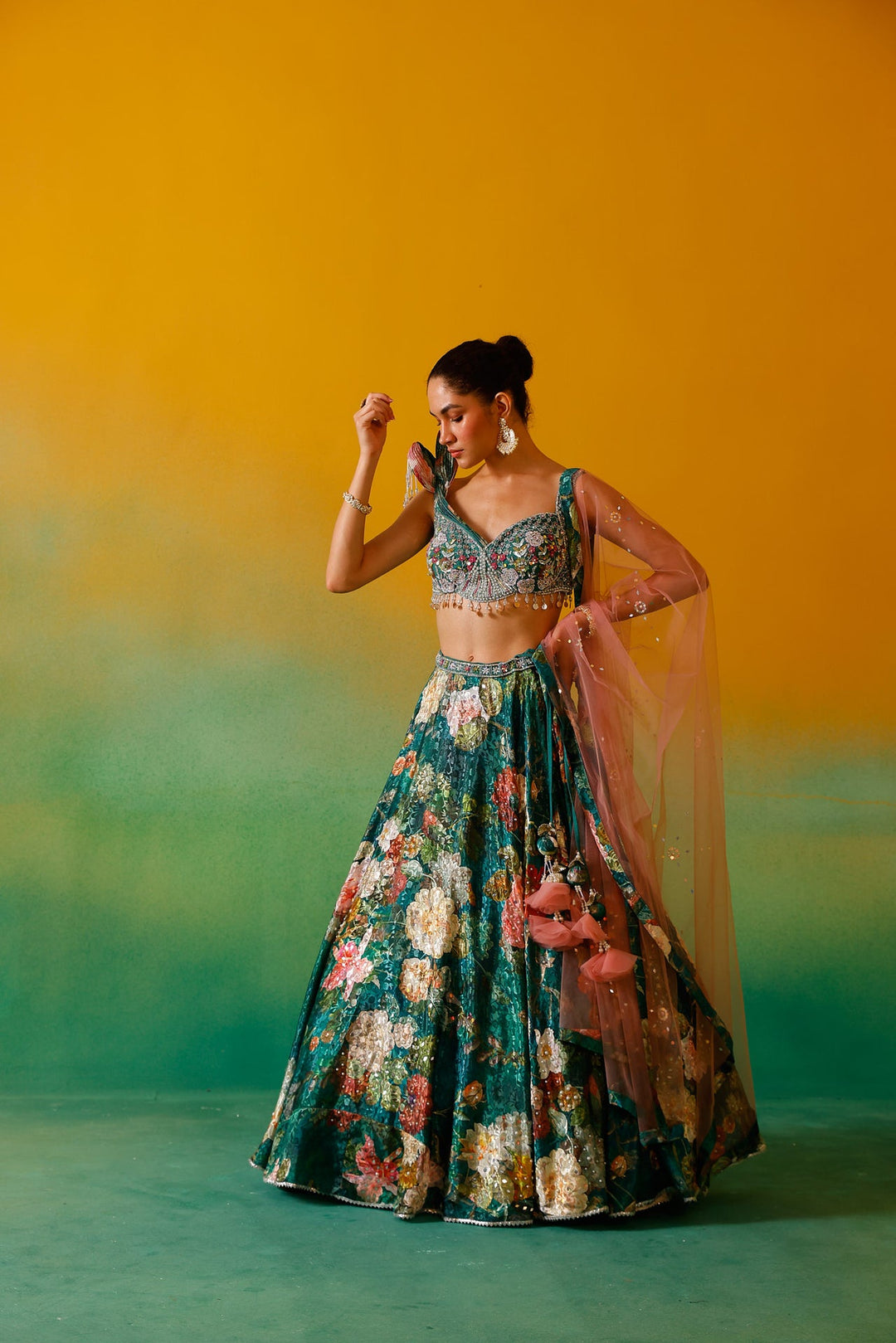 Neerus Green satin embroidered lehenga set - detail view 1