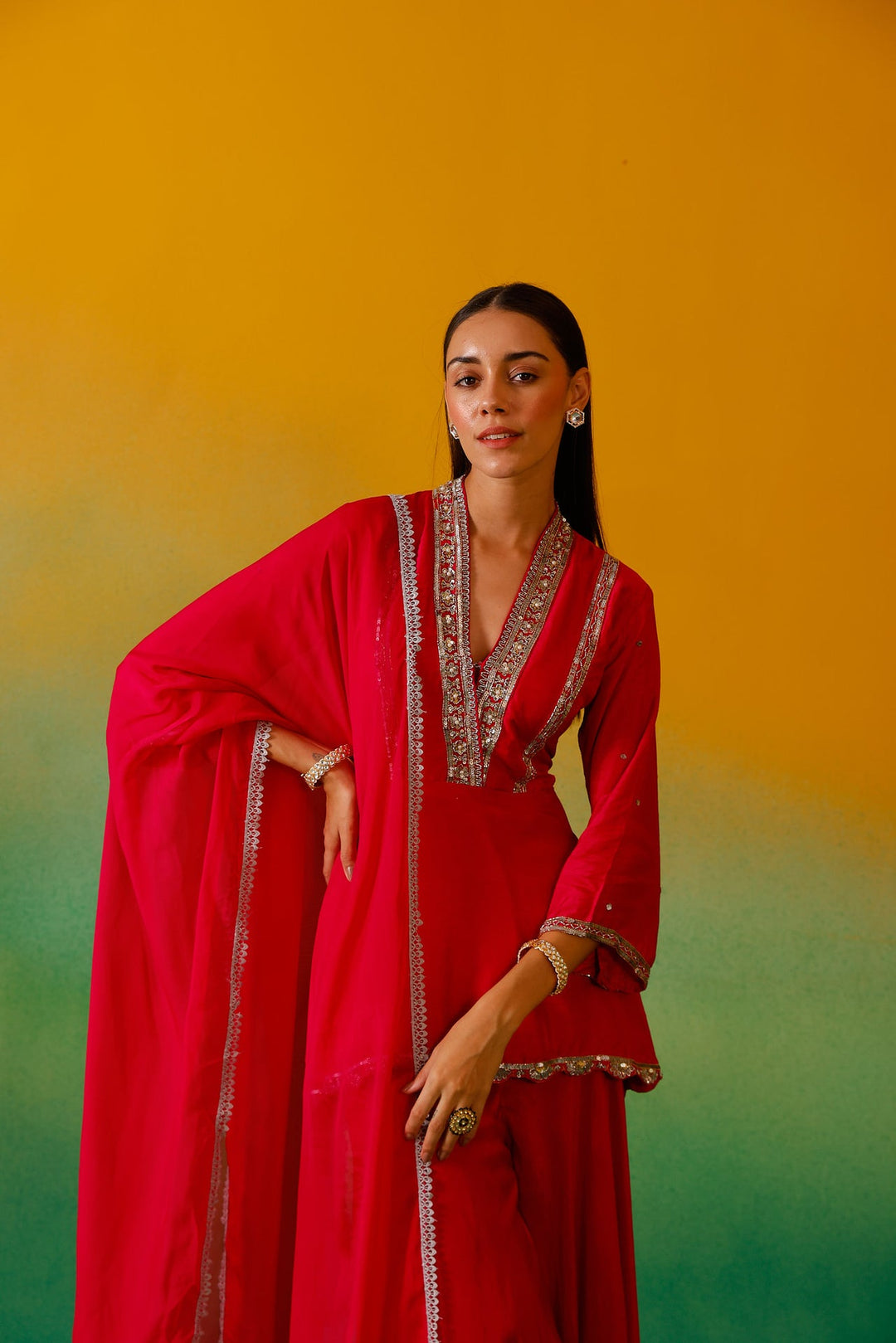 Neerus Pink Silk Embroidered Suit Set - detail view 4