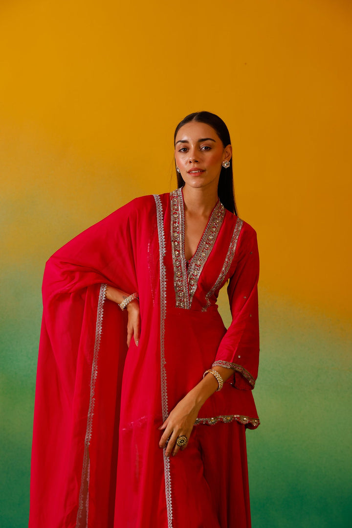 Neerus Pink Silk Embroidered Suit Set - detail view 4