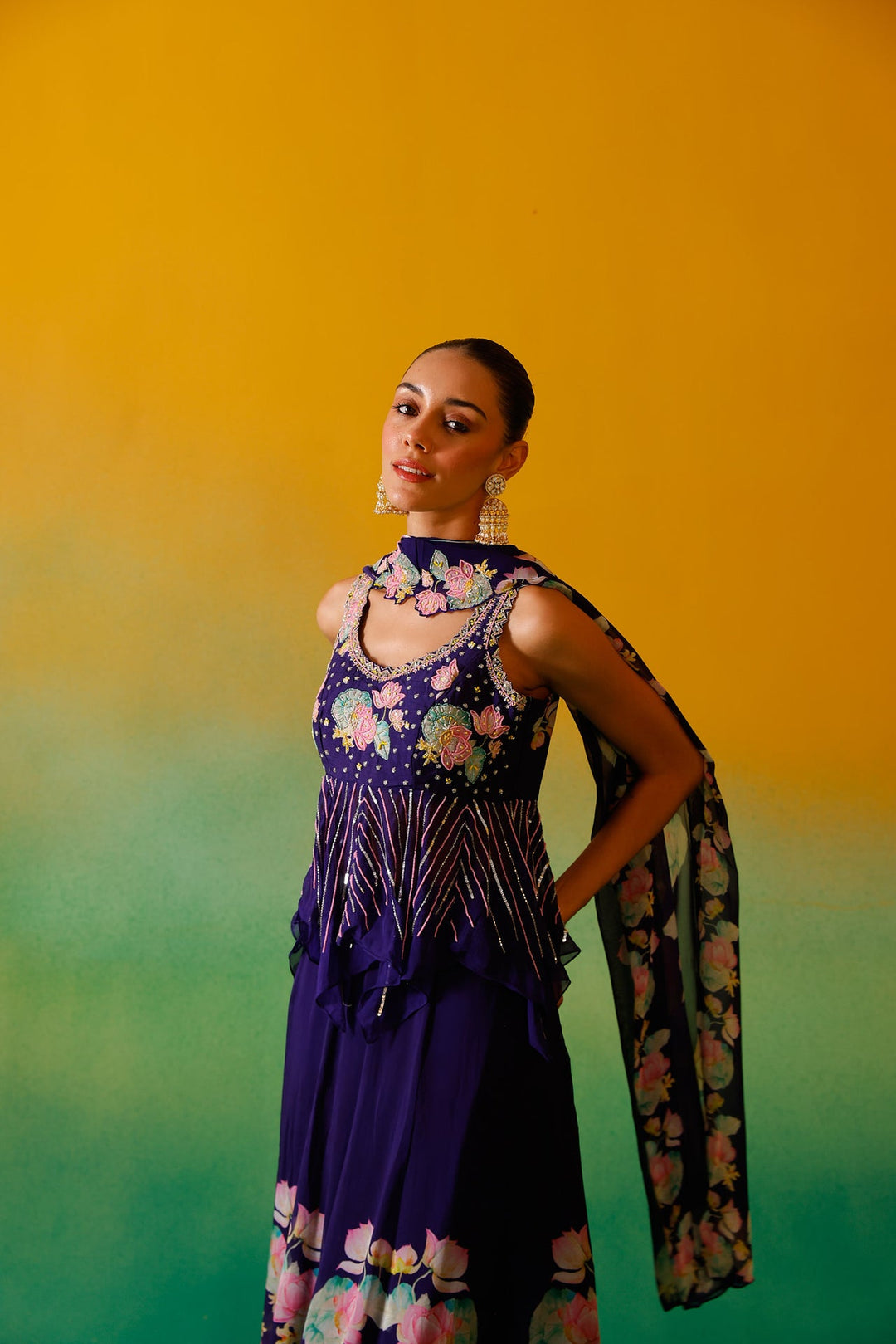 Neerus Purple organza embellished lehenga set - detail view 6