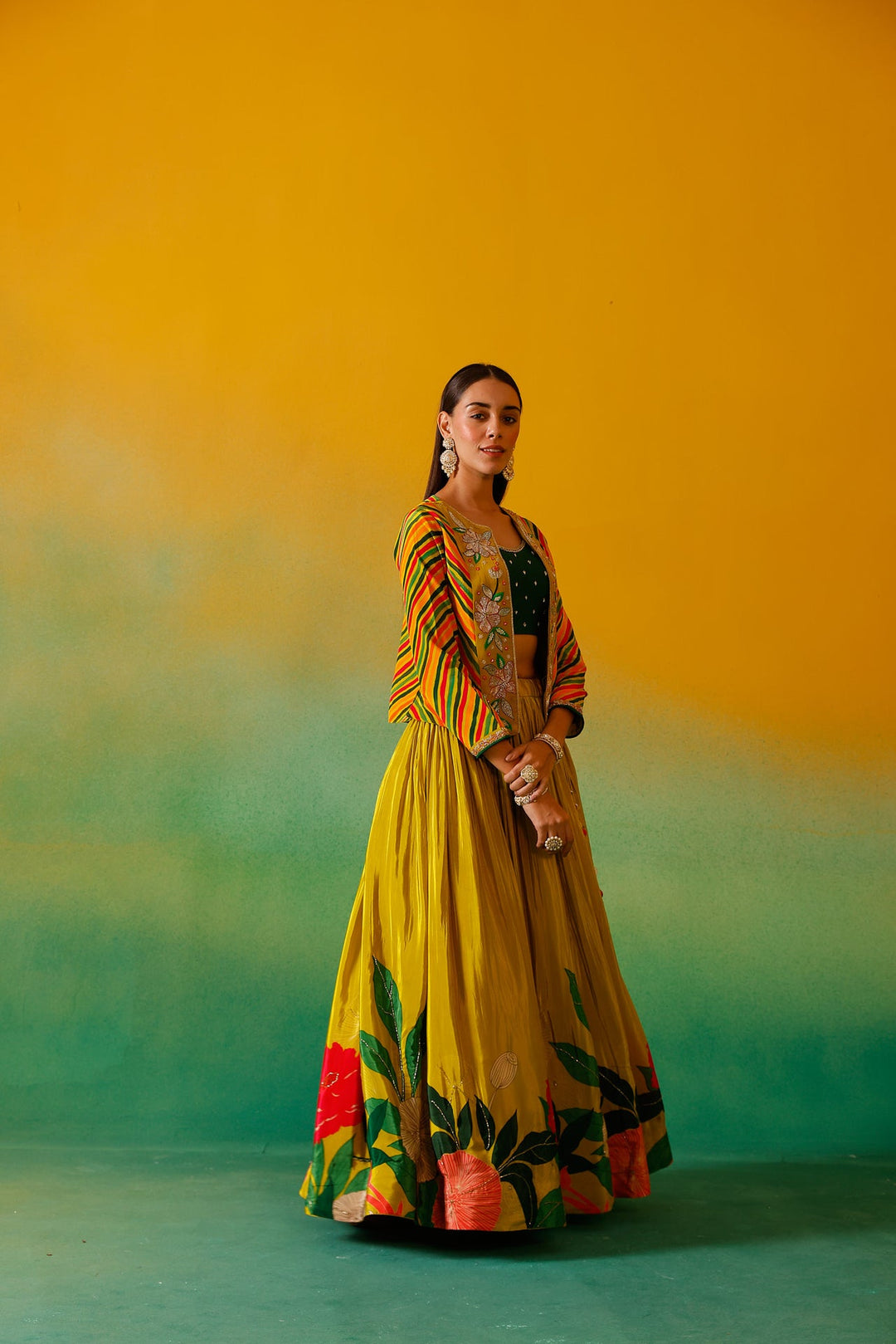 Neerus Green crepe embroidered lehenga set - detail view 1