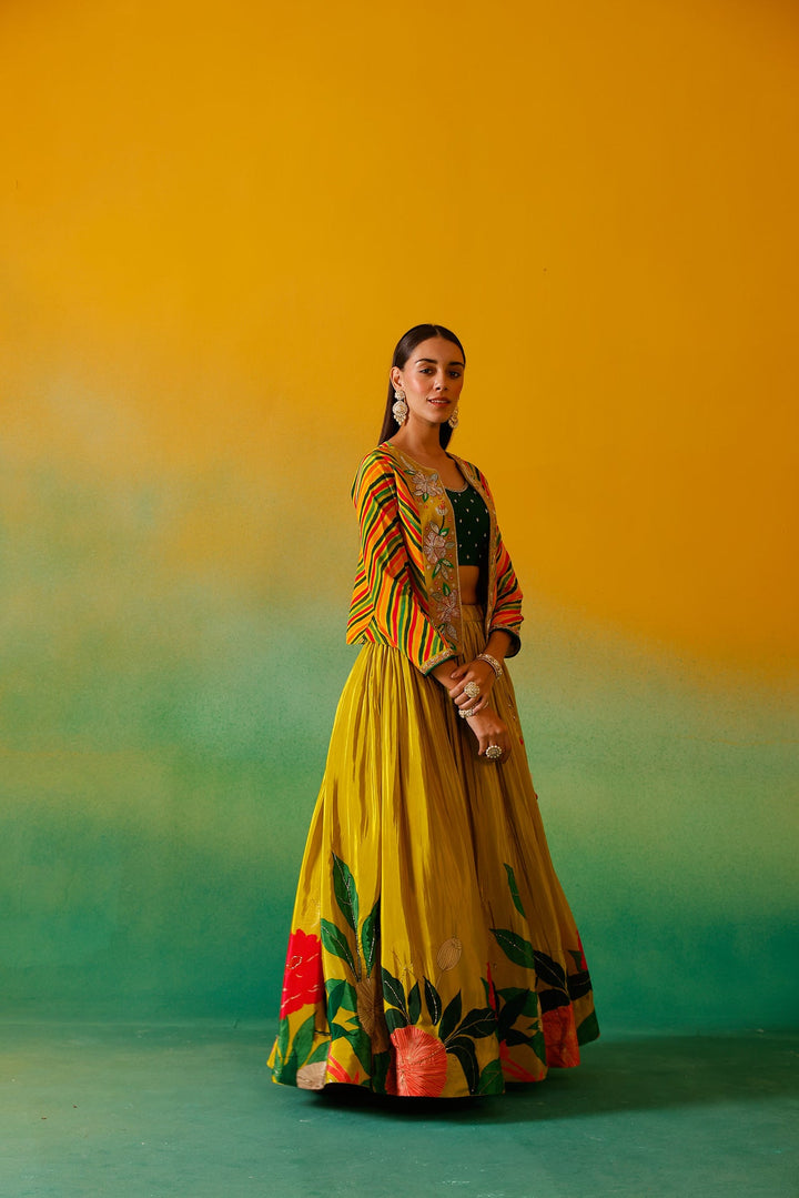 Neerus Green crepe embroidered lehenga set - detail view 1