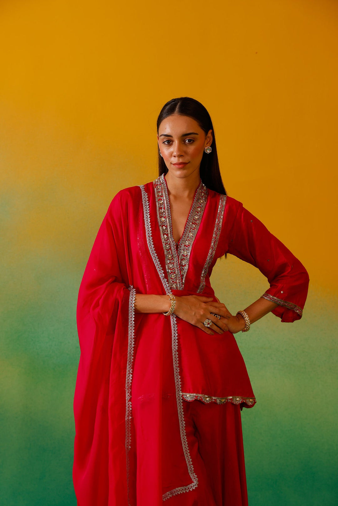 Neerus Pink Silk Embroidered Suit Set - detail view 5