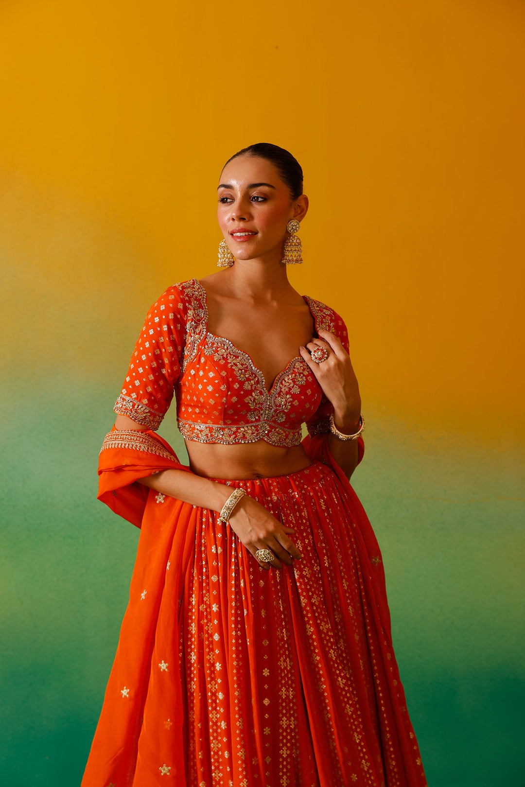 Neerus Orange Georgette Embroidered Lehenga Set - detail view 7