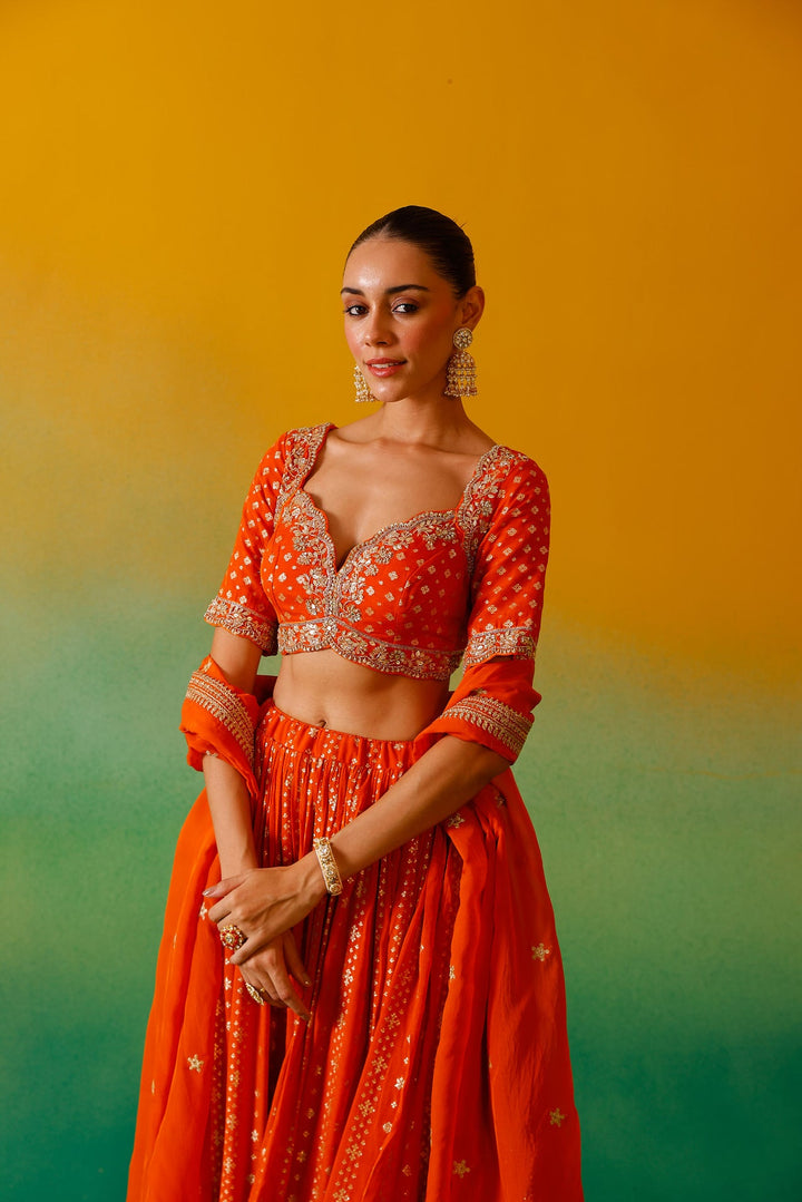 Neerus Orange Georgette Embroidered Lehenga Set - detail view 8