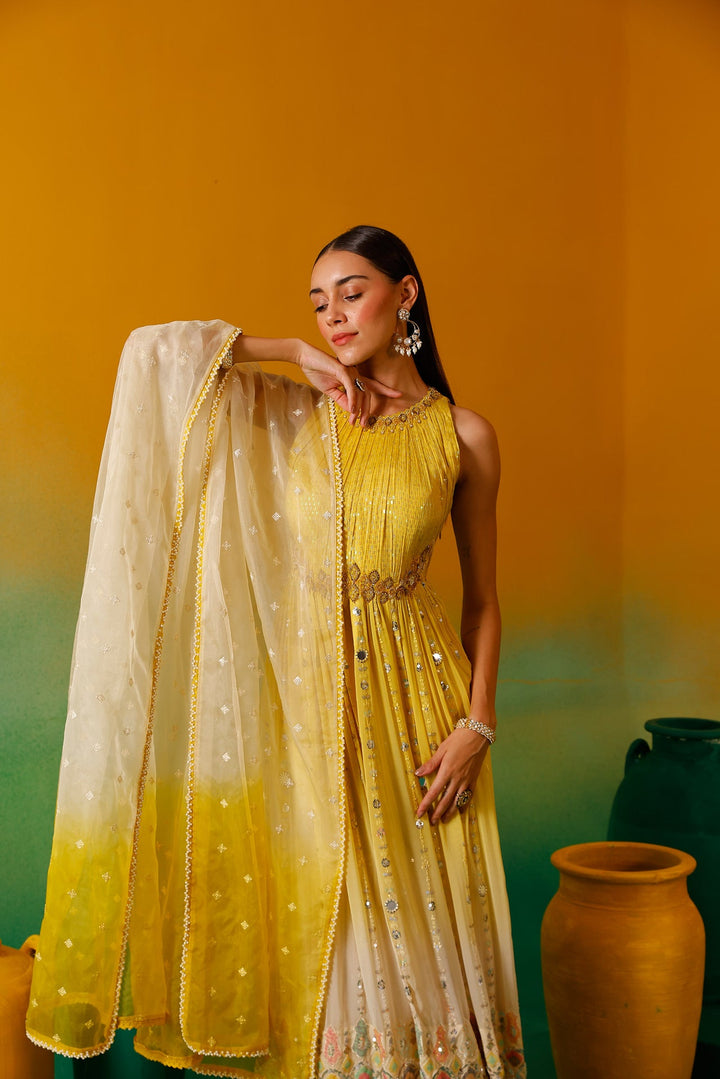 Neerus Yellow Chinon Embellished Anarkali Suit Set - detail view 3