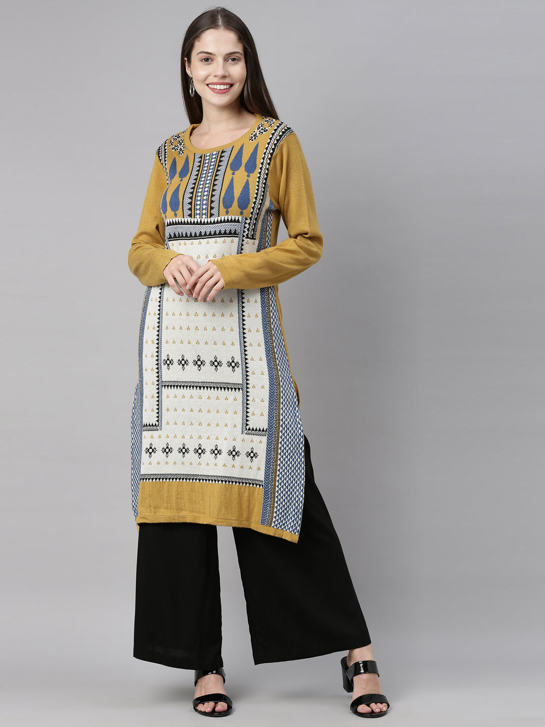 Neerus Yellow acrylic printed kurta geometric design - front view