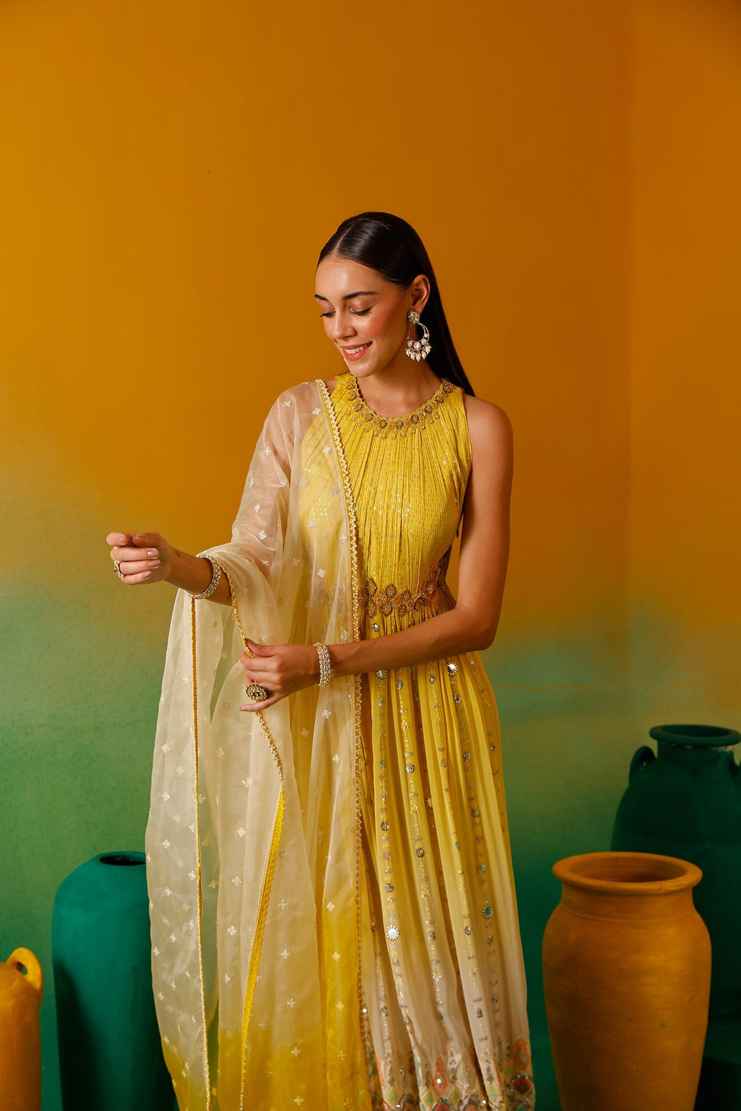 Neerus Yellow Chinon Embellished Anarkali Suit Set - detail view 4