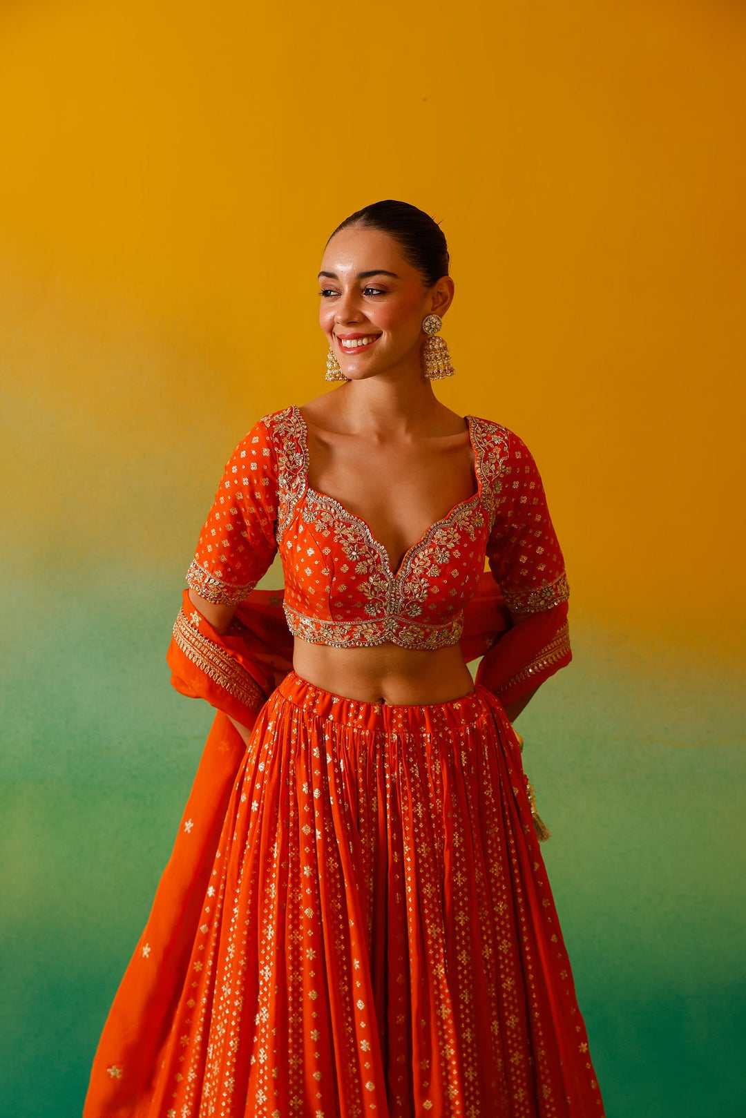 Neerus Orange Georgette Embroidered Lehenga Set - detail view 9