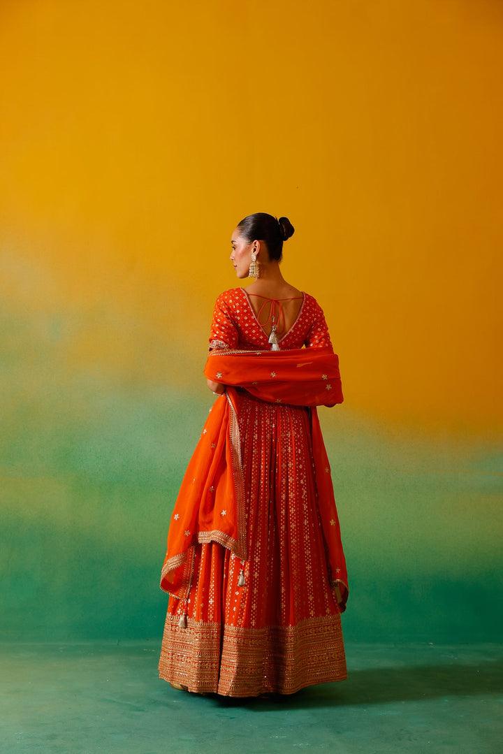 Neerus Orange Georgette Embroidered Lehenga Set - detail view 10