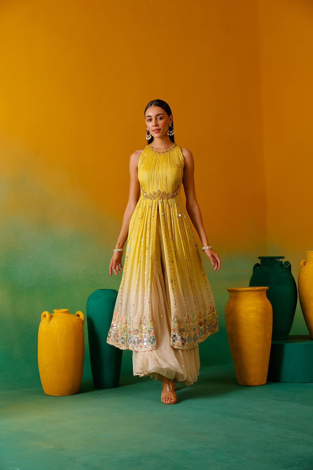 Neerus Yellow Chinon Embellished Anarkali Suit Set - back view