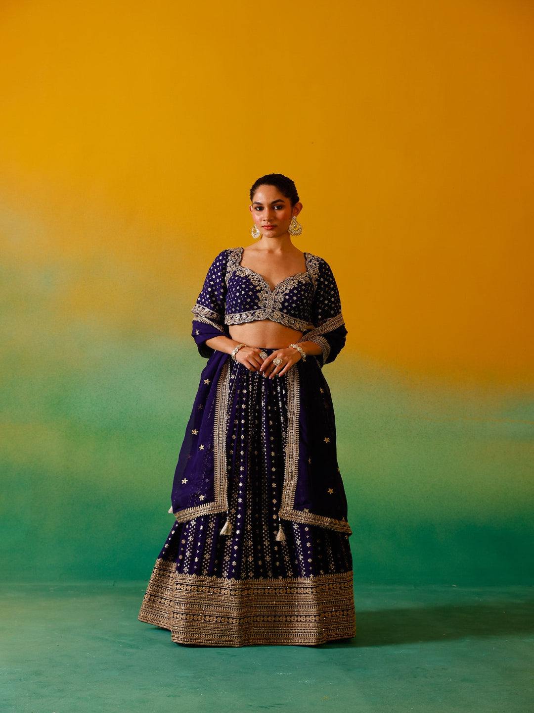 Neerus Purple Georgette Embroidered Lehenga Set - front view