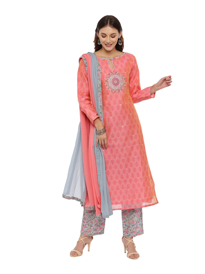 Neerus Peach chanderi woven suit set - front view