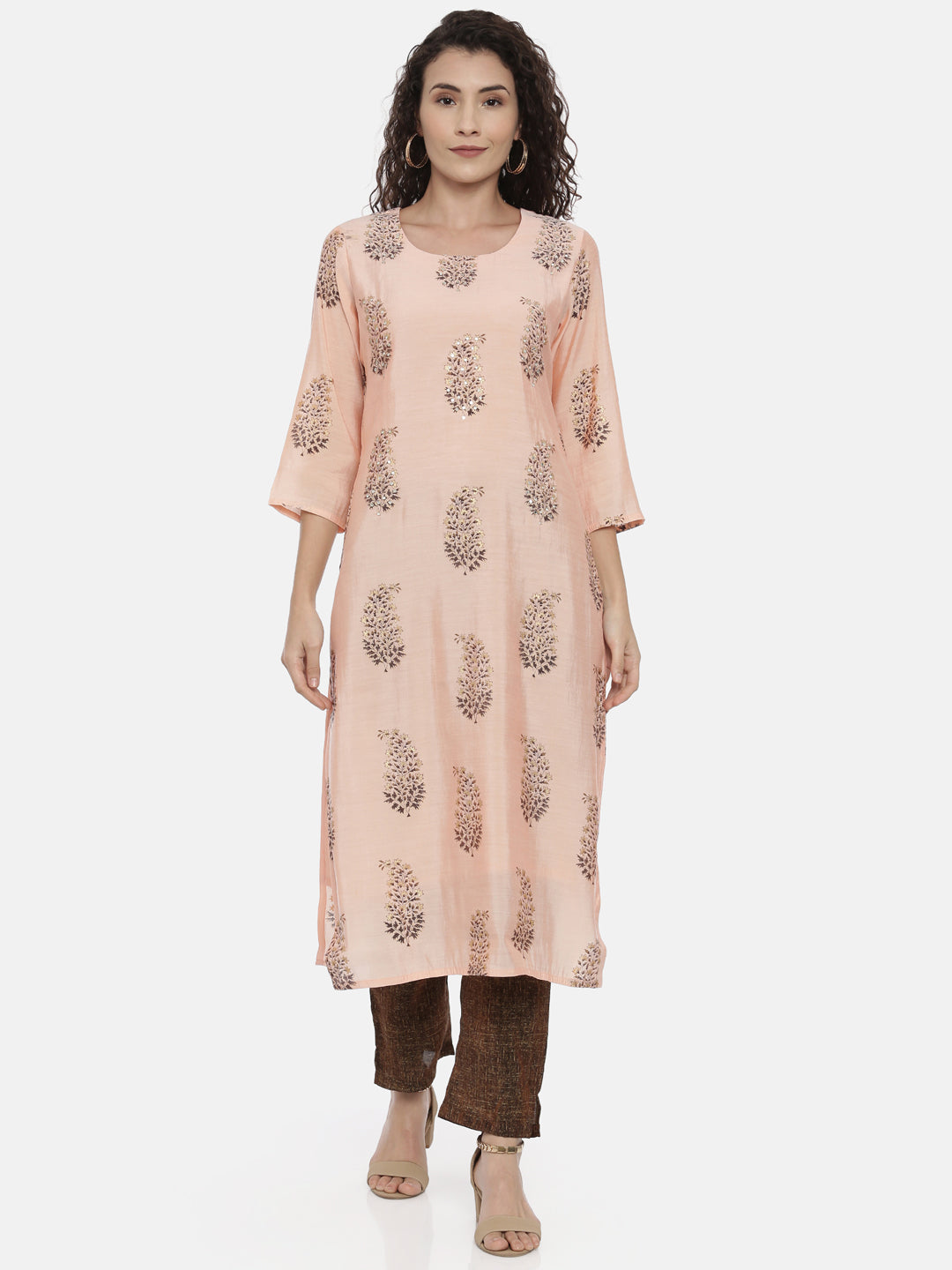 Neerus Beige rayon printed kurti - front view