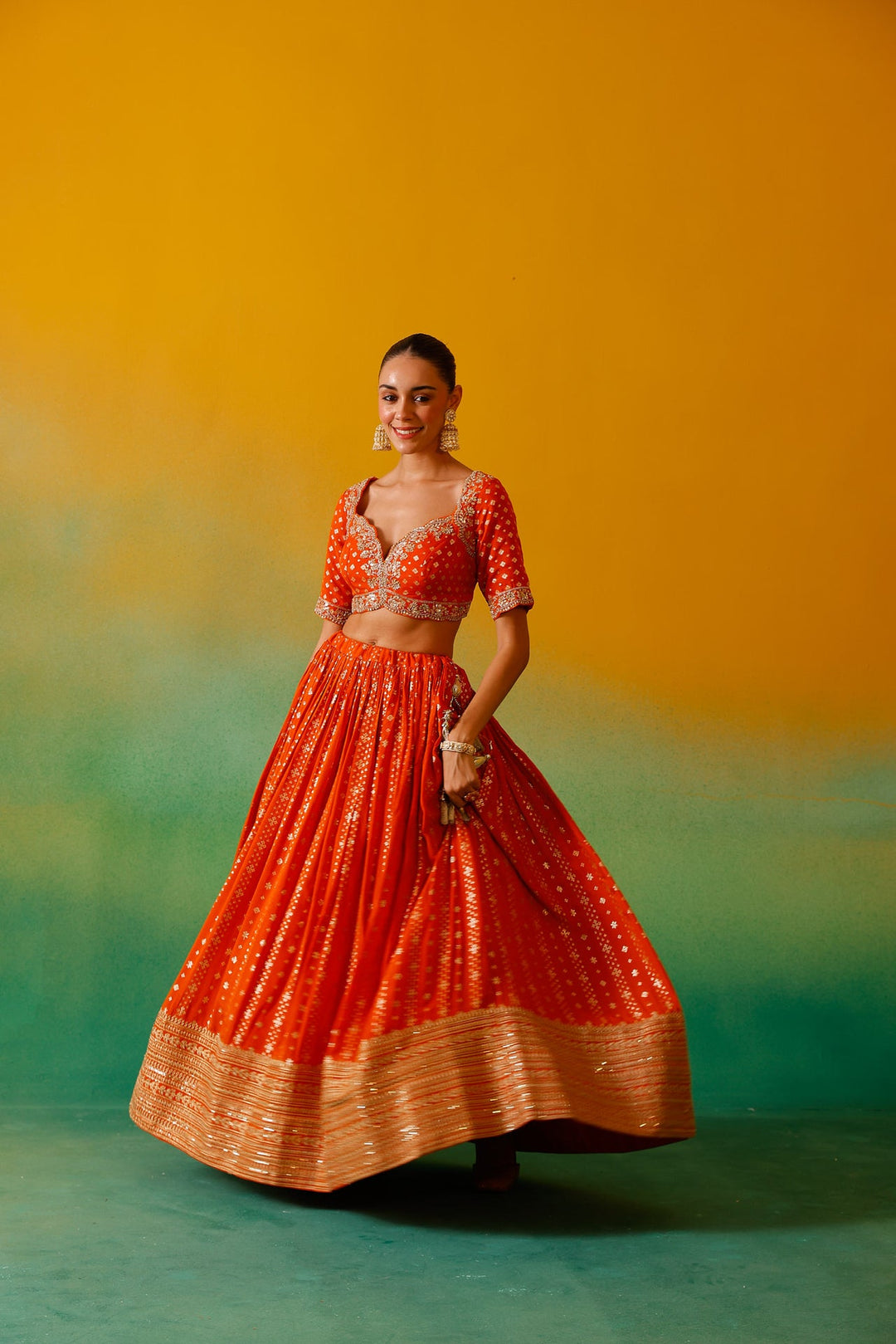 Neerus Orange Georgette Embroidered Lehenga Set - detail view 11