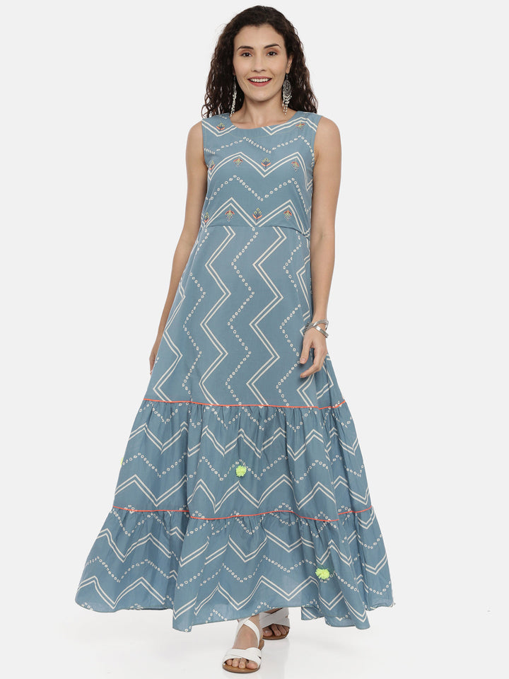 Neerus Blue Chevron Printed Kurta - front view