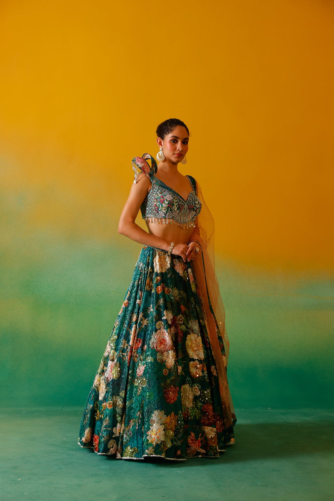 Neerus Green satin embroidered lehenga set - detail view 8