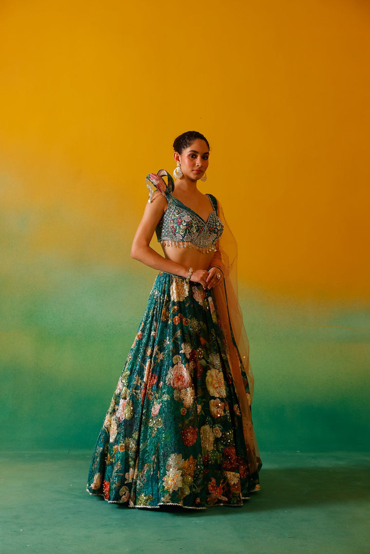 Neerus Green satin embroidered lehenga set - detail view 8