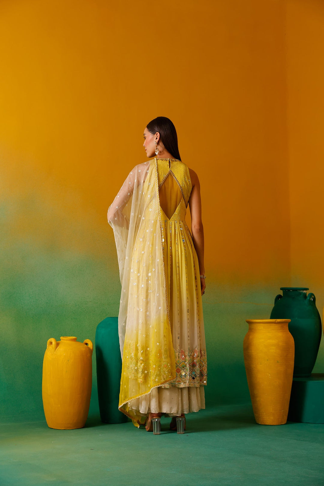 Neerus Yellow Chinon Embellished Anarkali Suit Set - detail view 2