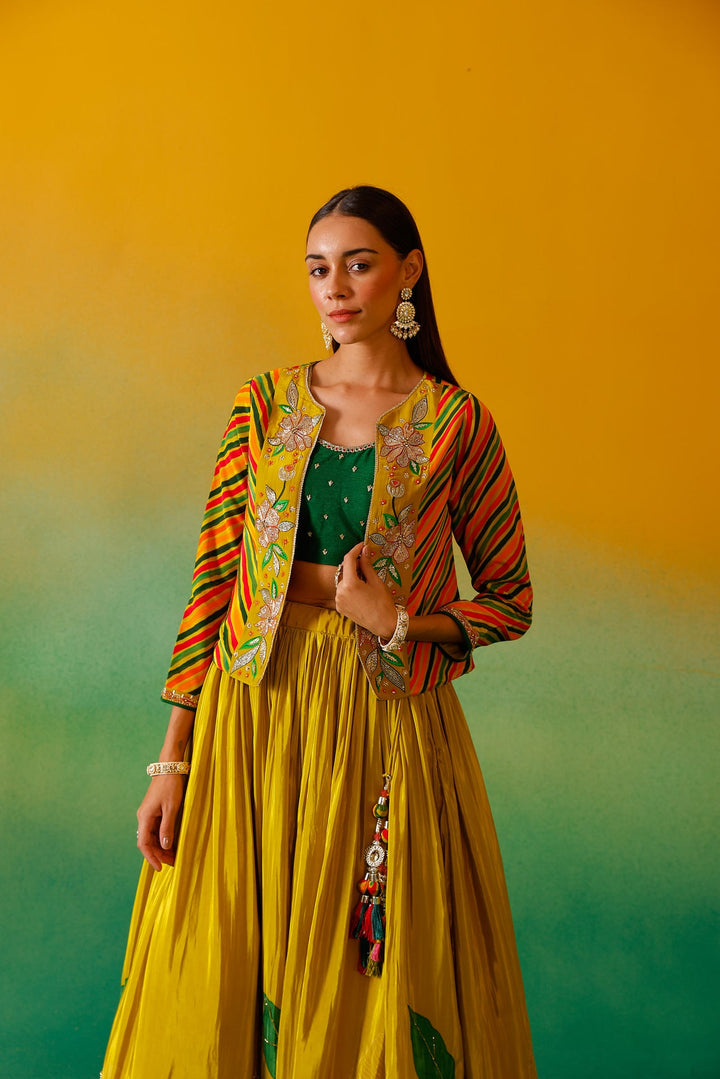 Neerus Green crepe embroidered lehenga set - detail view 6