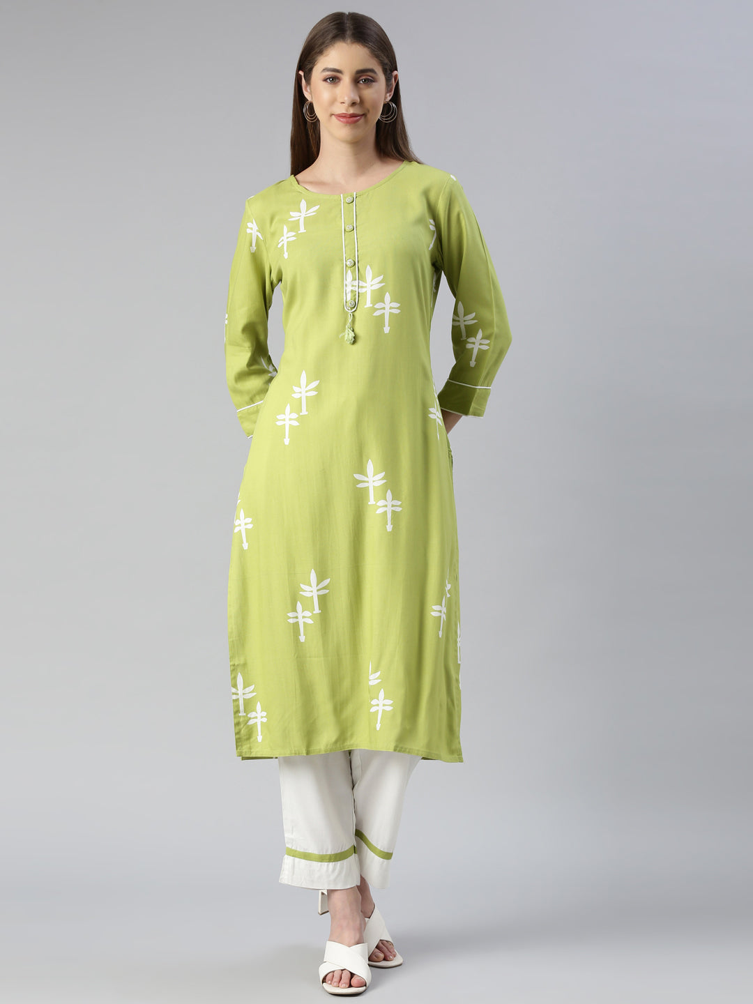 Neerus Green printed straight kurta set with trouser - front view