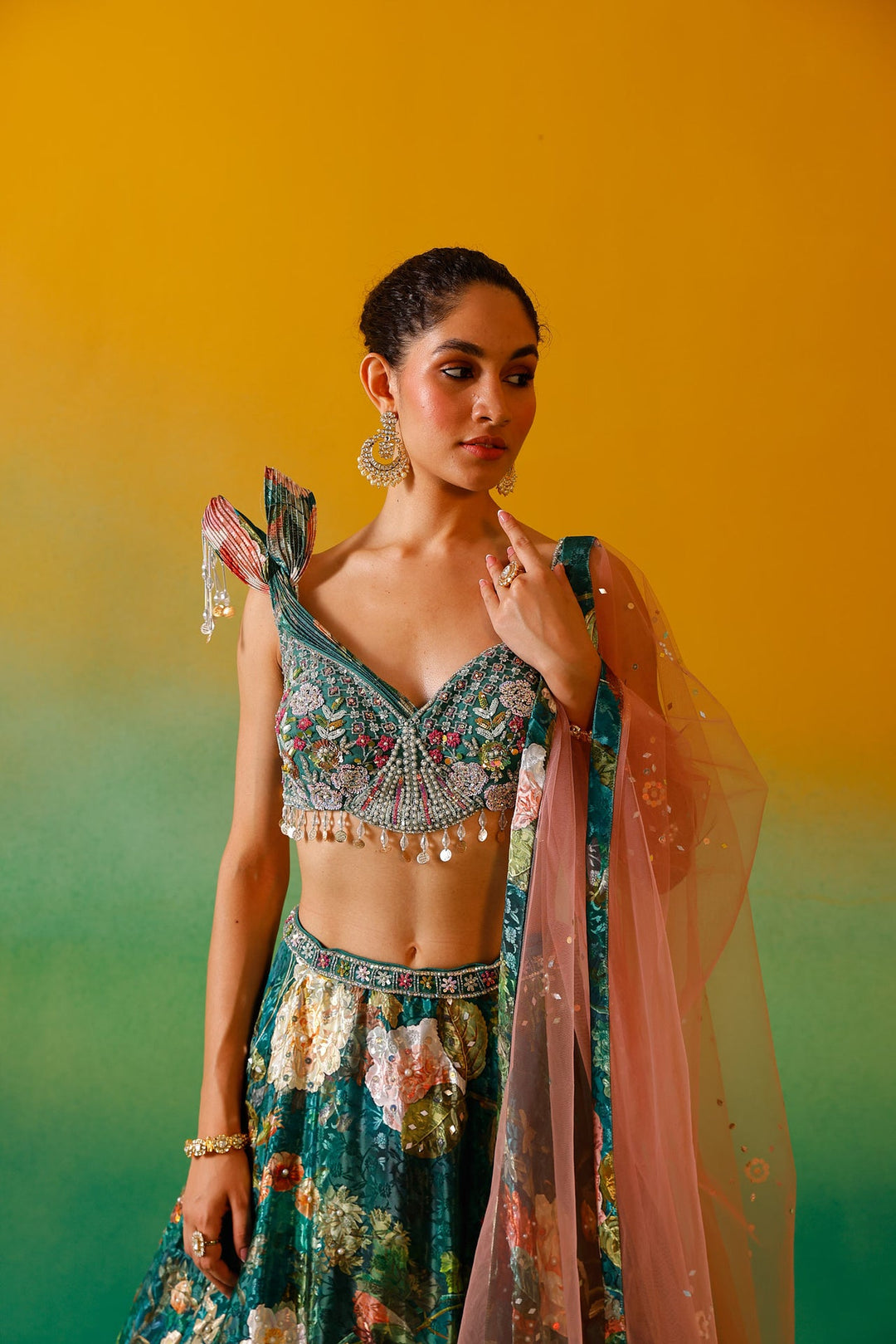 Neerus Green satin embroidered lehenga set - detail view 2