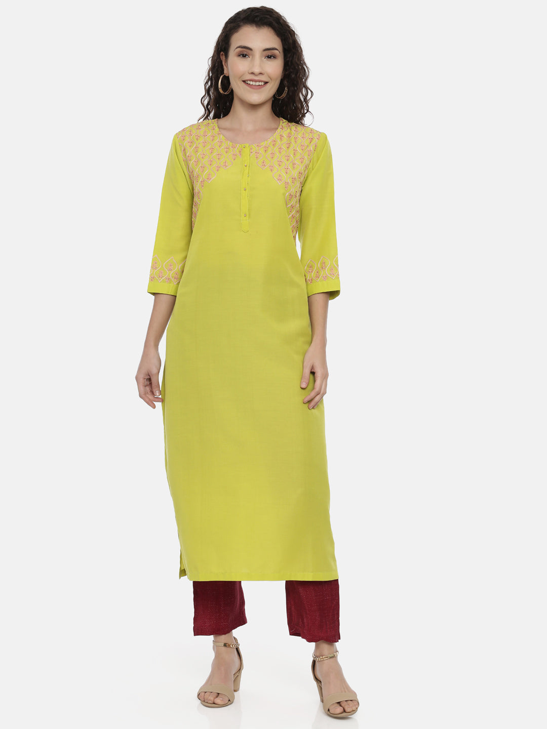 Neerus Yellow rayon thread embroidered kurti - front view