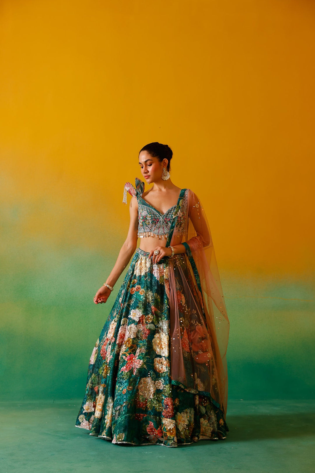 Neerus Green satin embroidered lehenga set - back view