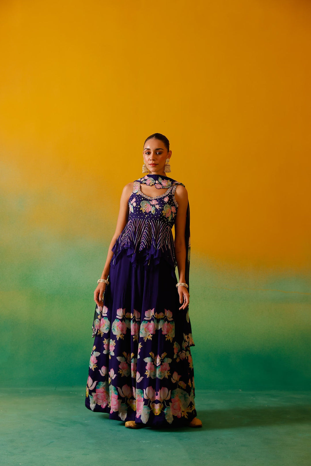 Neerus Purple organza embellished lehenga set - back view