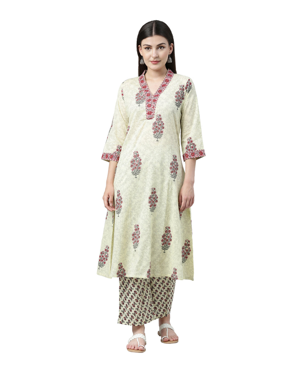 Neerus Green printed kurta set with trousers - front view