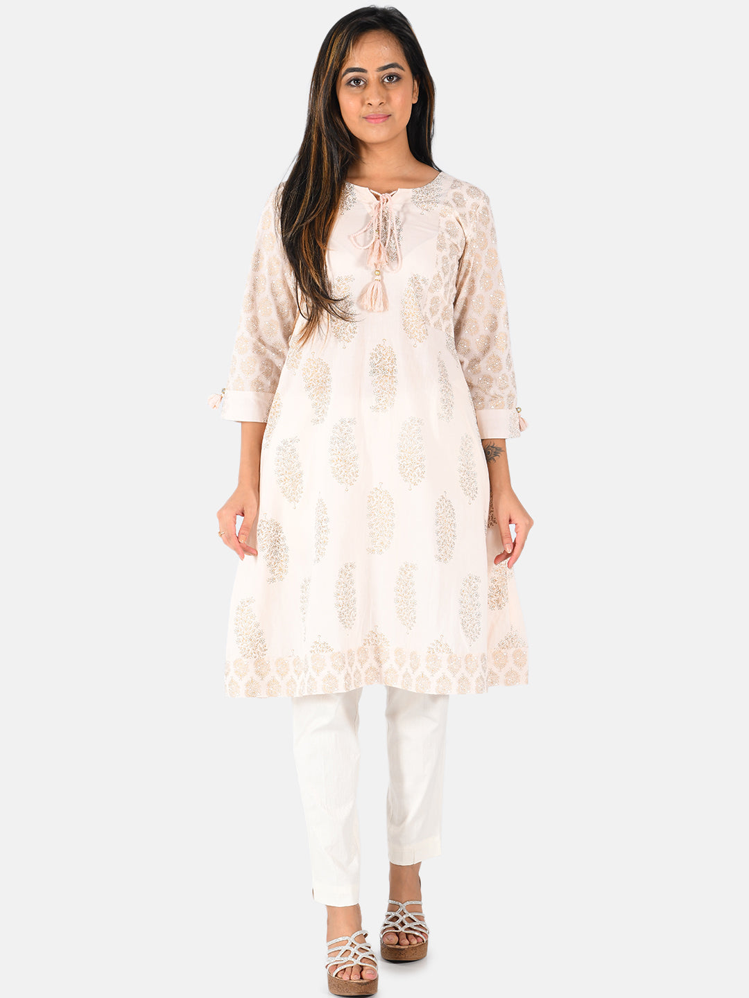 Neerus Orange cotton printed A-line kurti - front view