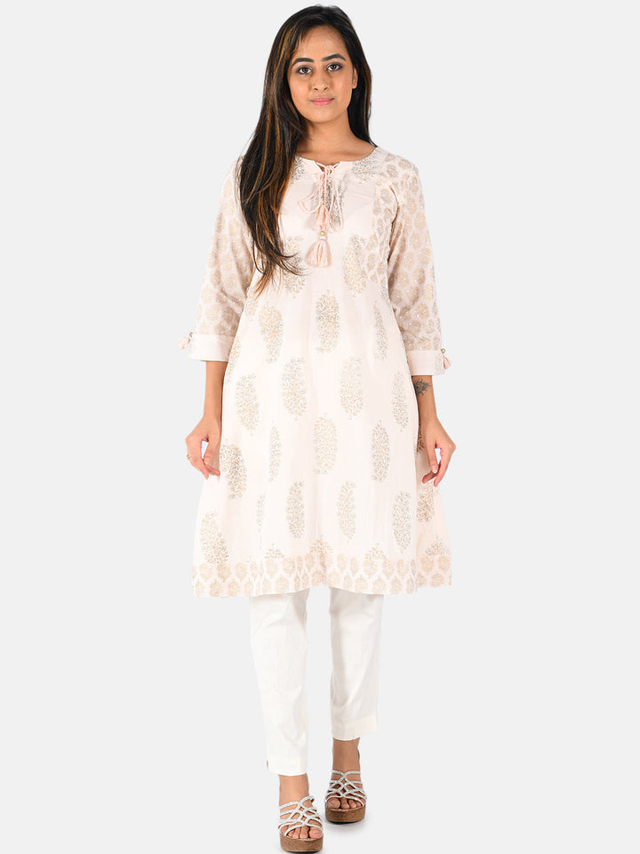 Neerus Orange cotton printed A-line kurti - front view