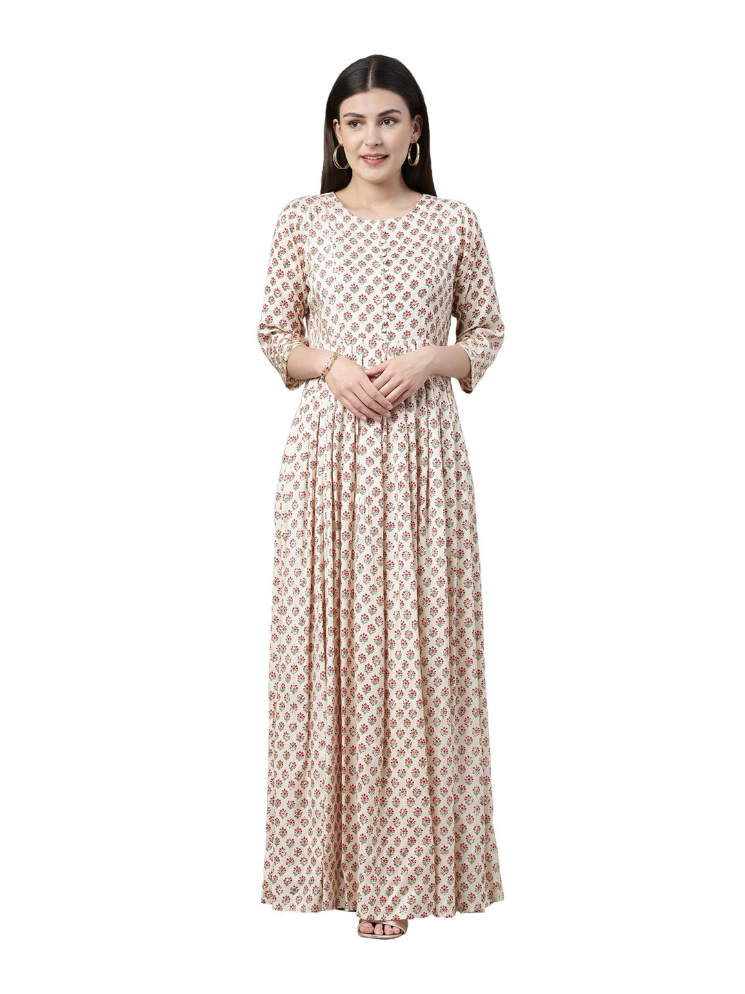 Neerus Beige floral printed anarkali kurta - front view