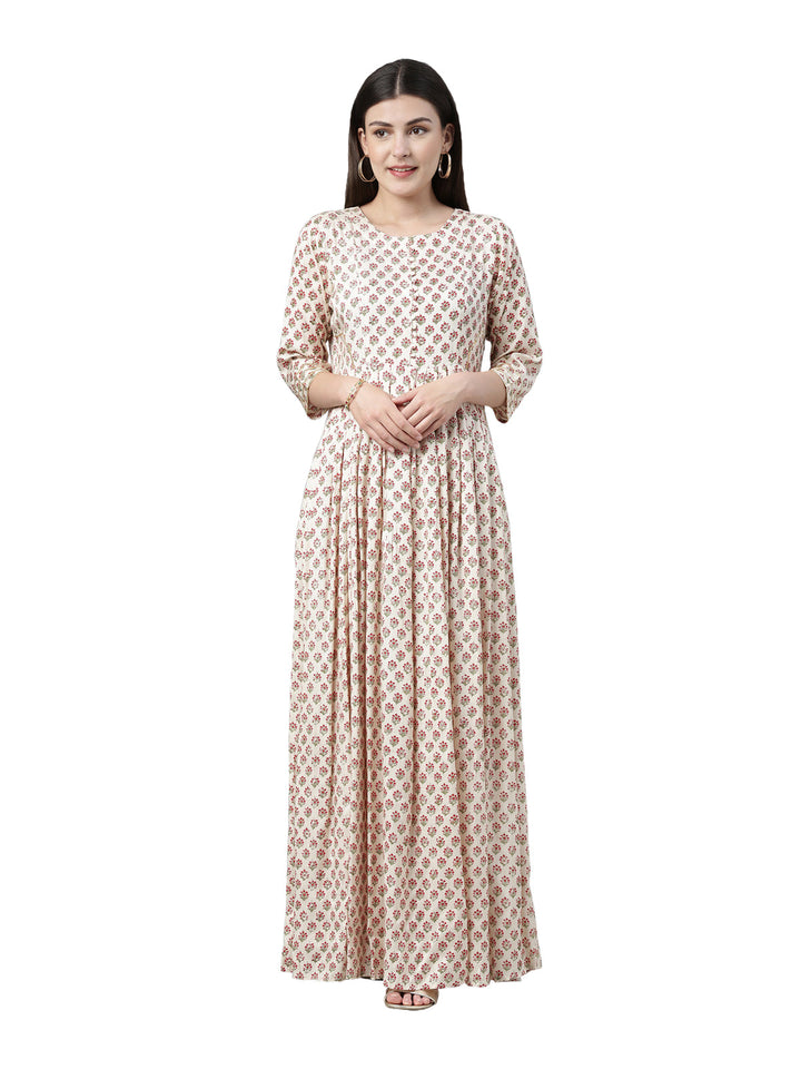 Neerus Beige floral printed anarkali kurta - front view